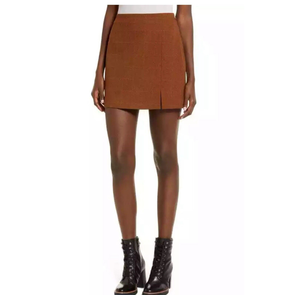 Leith Womens Tan Dale Windowpane Check Plaid Mini Pencil Skirt Brown Size S